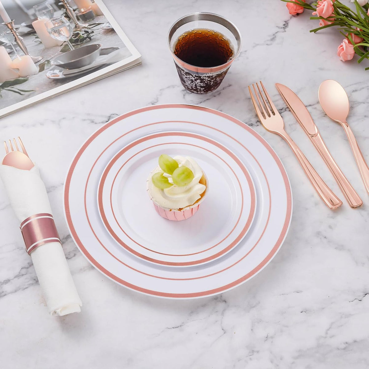 Goodluck 175 Piece Rose Gold Plastic Dinnerware Set for 25 Guests, Fancy Disposable Plates for
