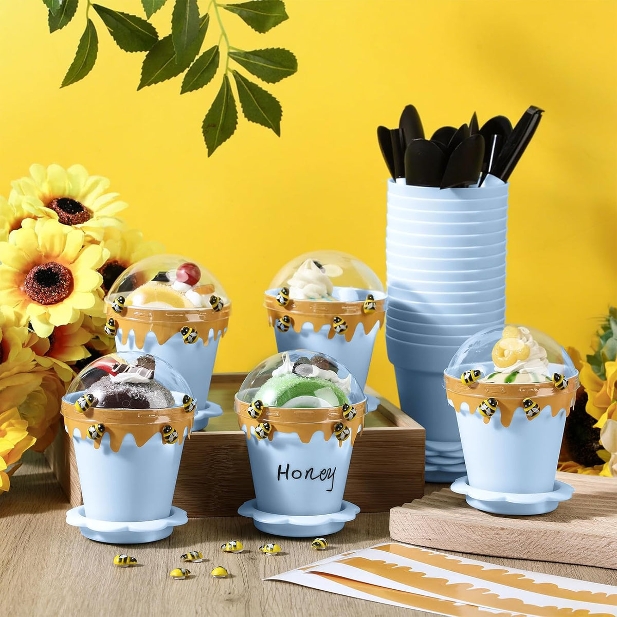 30 Sets Mini Honey Bee Pots with Lids, Spoon, Saucers and Bee Charms, 6.76 OZ Plastic Honey Jars
