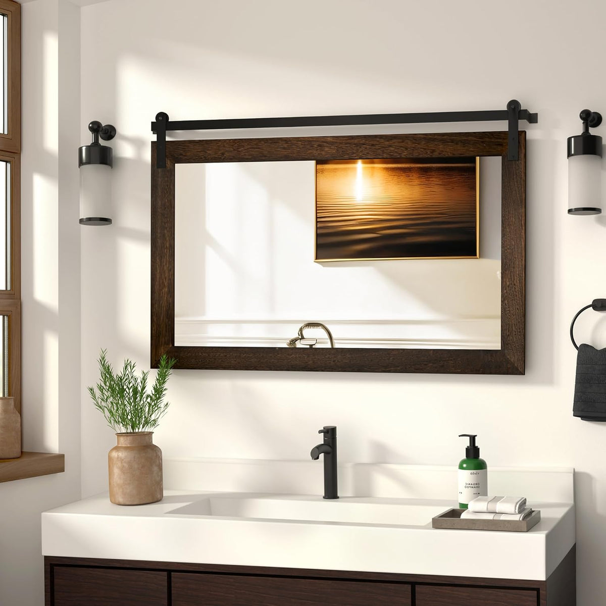 COGOOD Farmhouse Barn Door Mirror - 41 x 26 Rustic Wood Framed Wall Mirror for Bathroom, Living