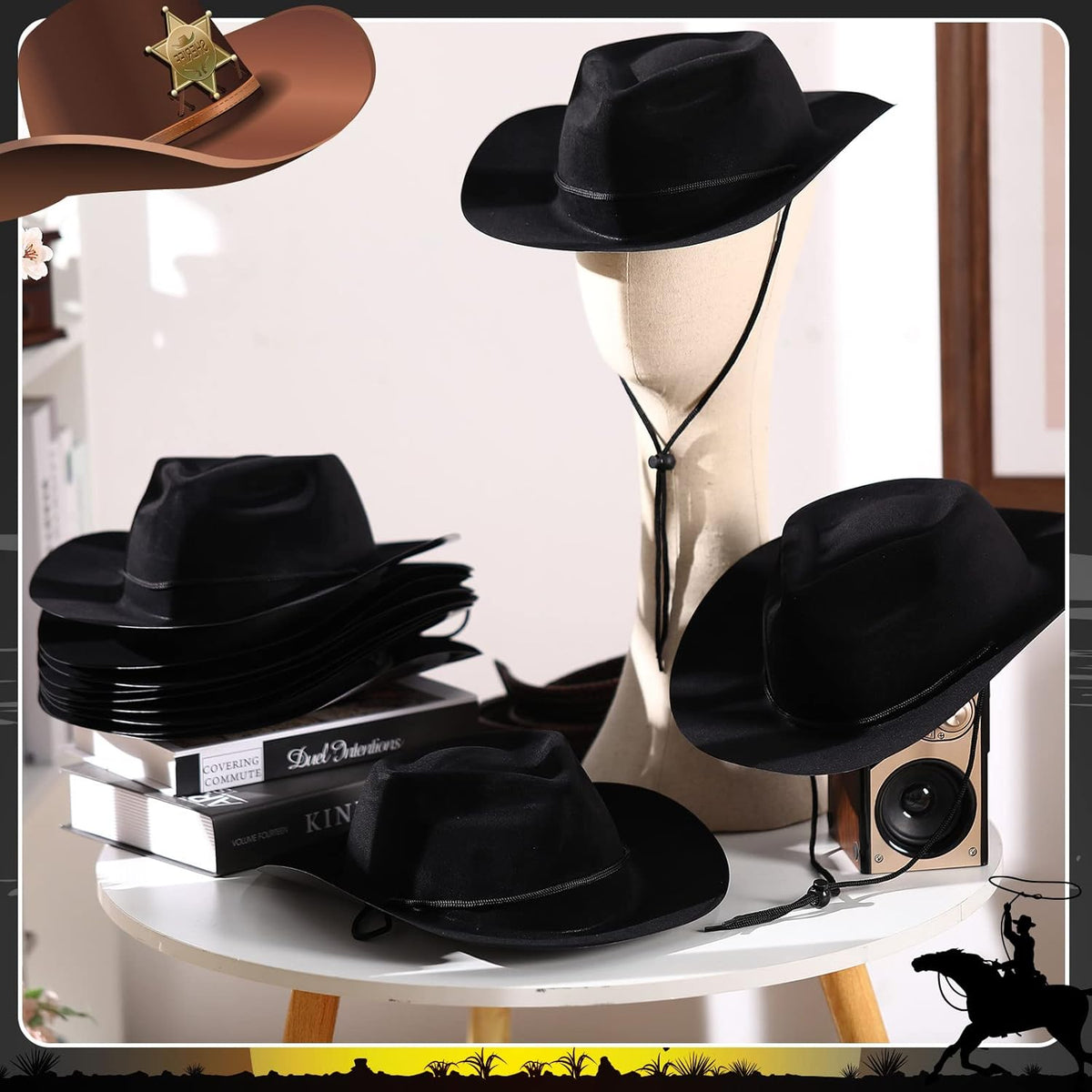 Mepase 24 Pieces Disposable Plastic Western Cowboy Hat Set Felt Wide Brimmed Cowgirl Hats for Men