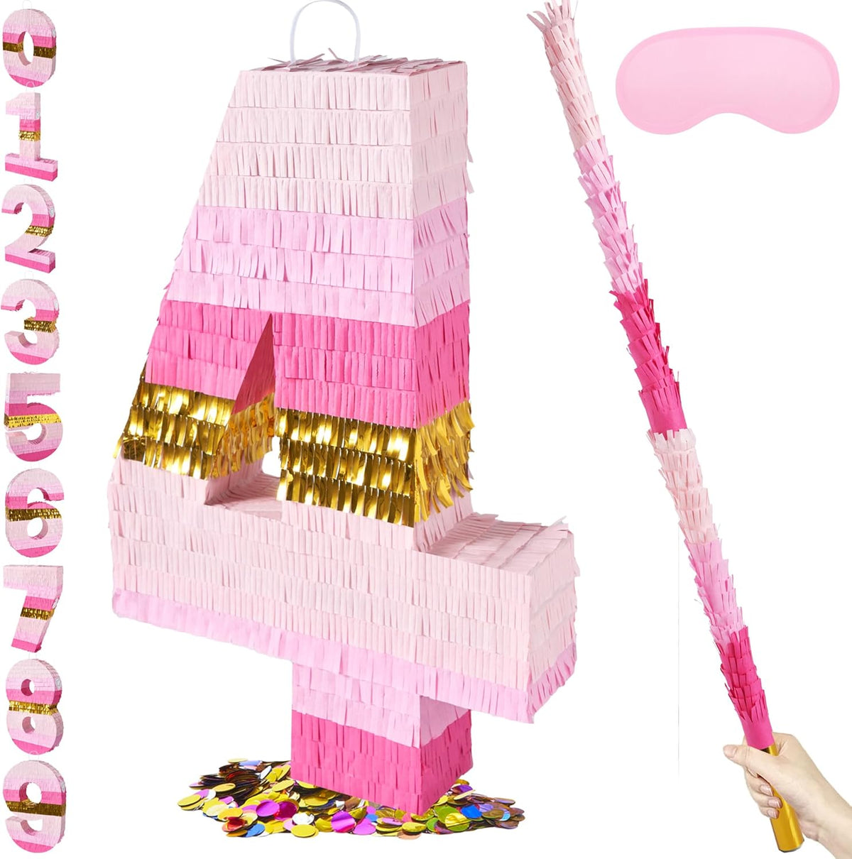 PCFING 20 Inch Number 4 Piñata Pink Gold with 30 Inch Piñata Stick Blindfold Confetti for Boys