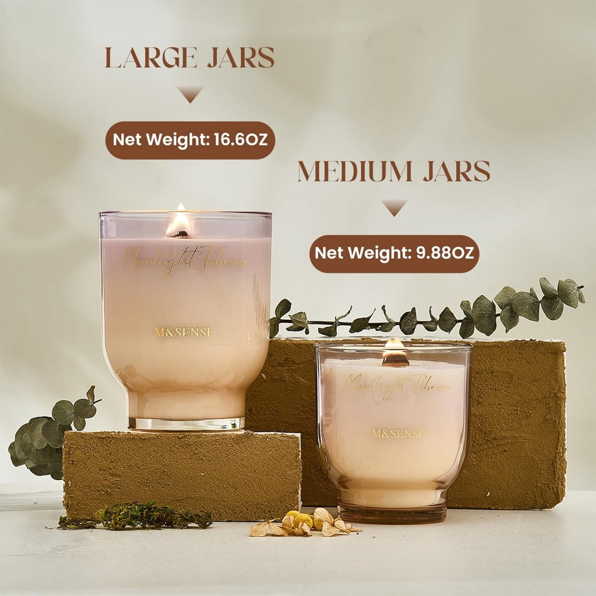 M&SENSE 16.6oz Natural Soy Large Jar Candle with Wooden Wick | Moonlight Tuberose Scent | 95-Hour