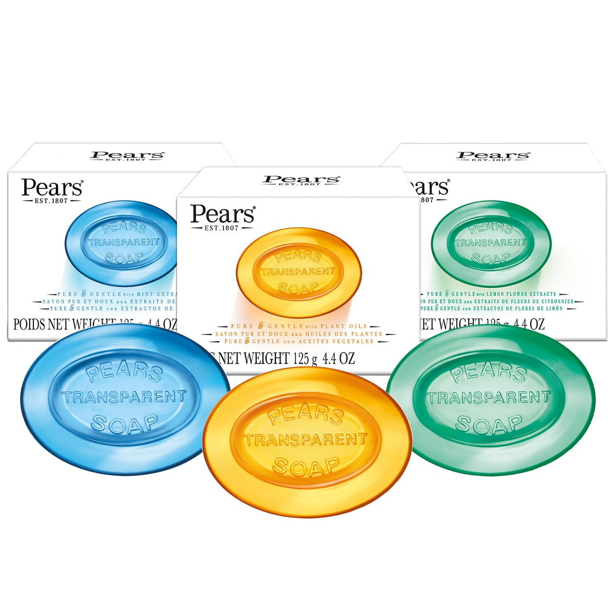 Pears Glycerin Soap Bar Variety 3-Pack, Transparent Green, Blue, and Amber Bars for Soft, Glowing