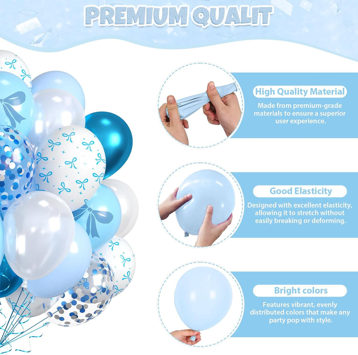 Blue Bow Balloons, 60pcs White And Blue Balloons, Metallic Macaron Preal White Balloon Bow Print
