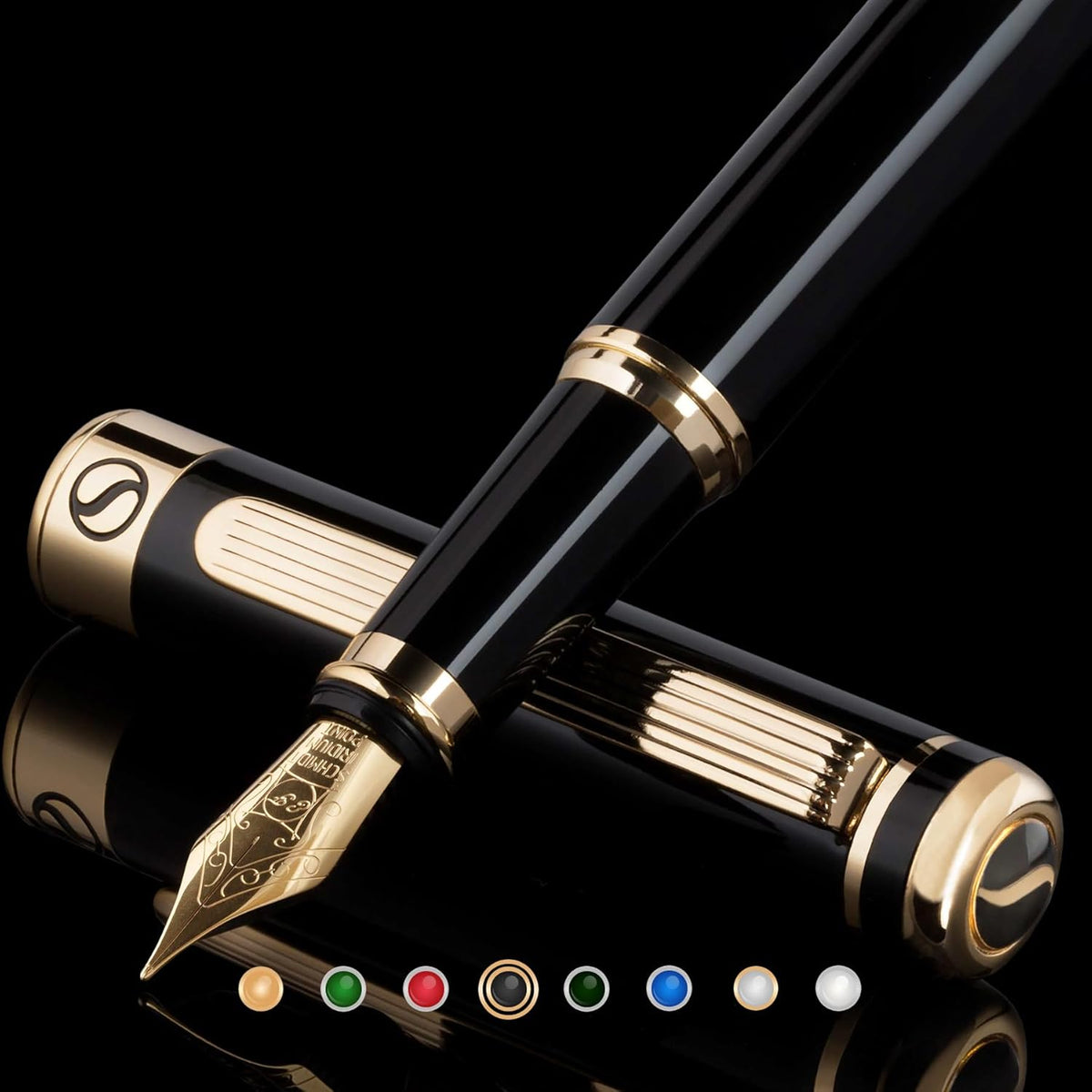 Scriveiner Black Lacquer Fountain Pen - Stunning Luxury Pen, Real Gold Finish, Schmidt Gilded Nib