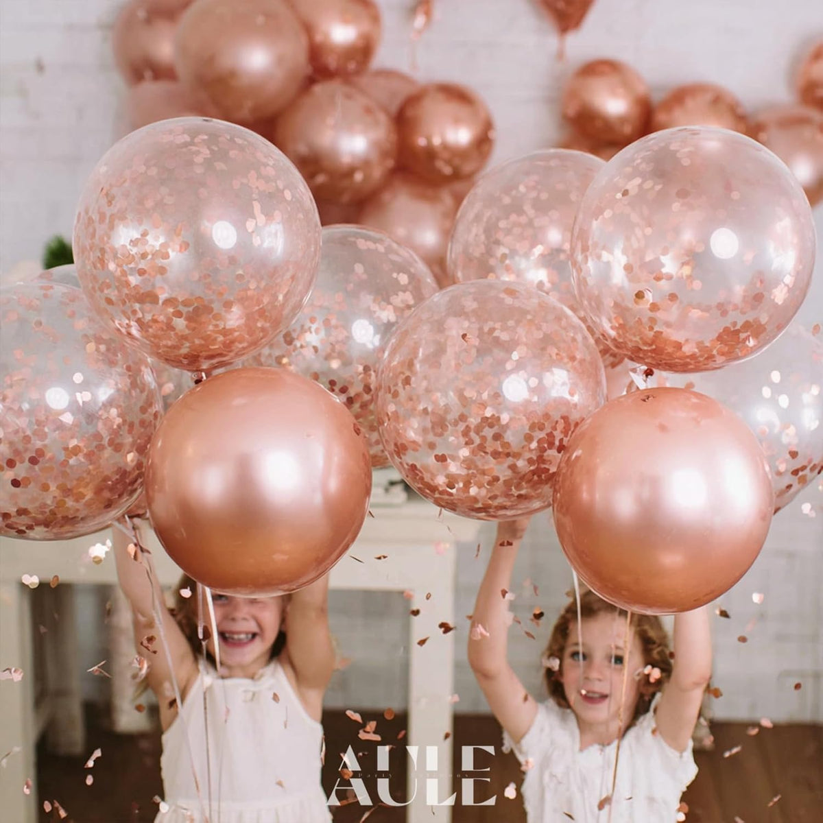 AULE Party Balloons Pack of 42 - Metallic Chrome Rose Gold Balloons and Rose Gold Confetti Latex