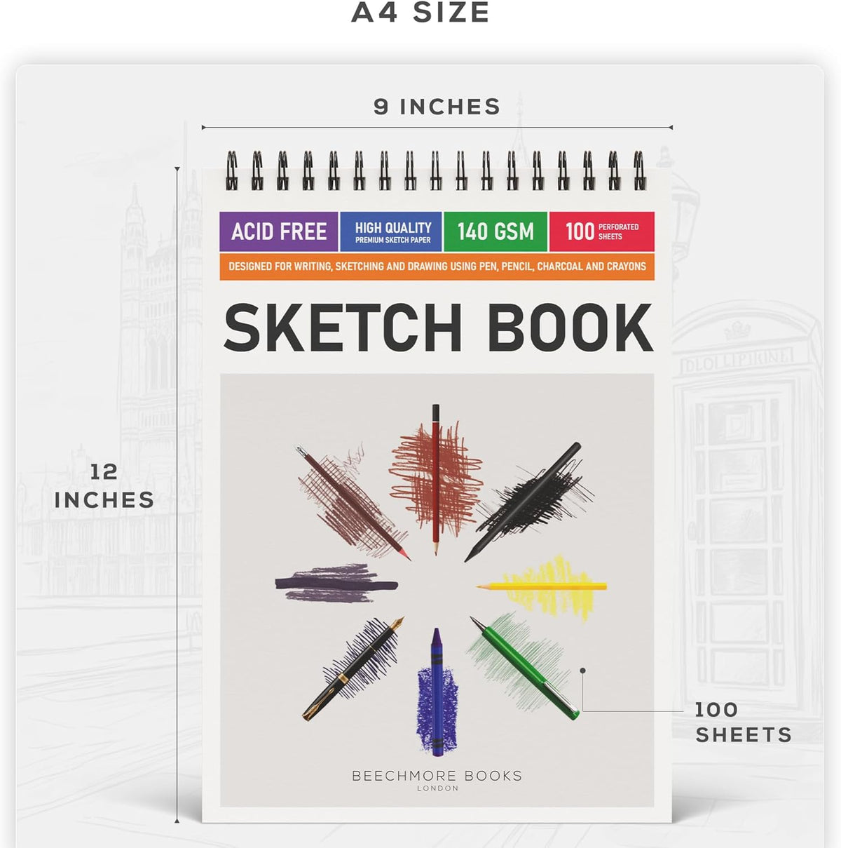 BEECHMORE BOOKS 9x12 Spiral Sketchbook ??140 GSM Acid-Free Paper, 100 Perforated Pages, A4 Art