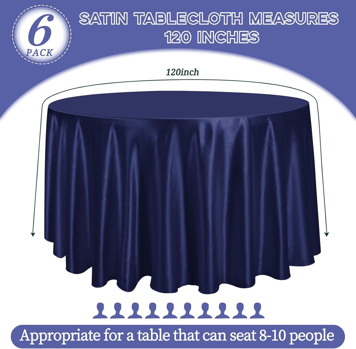 fani 6 Pack 120 Inch Navy Blue Satin Tablecloth - Premium Bright Silky Round Tablecloth Overlay