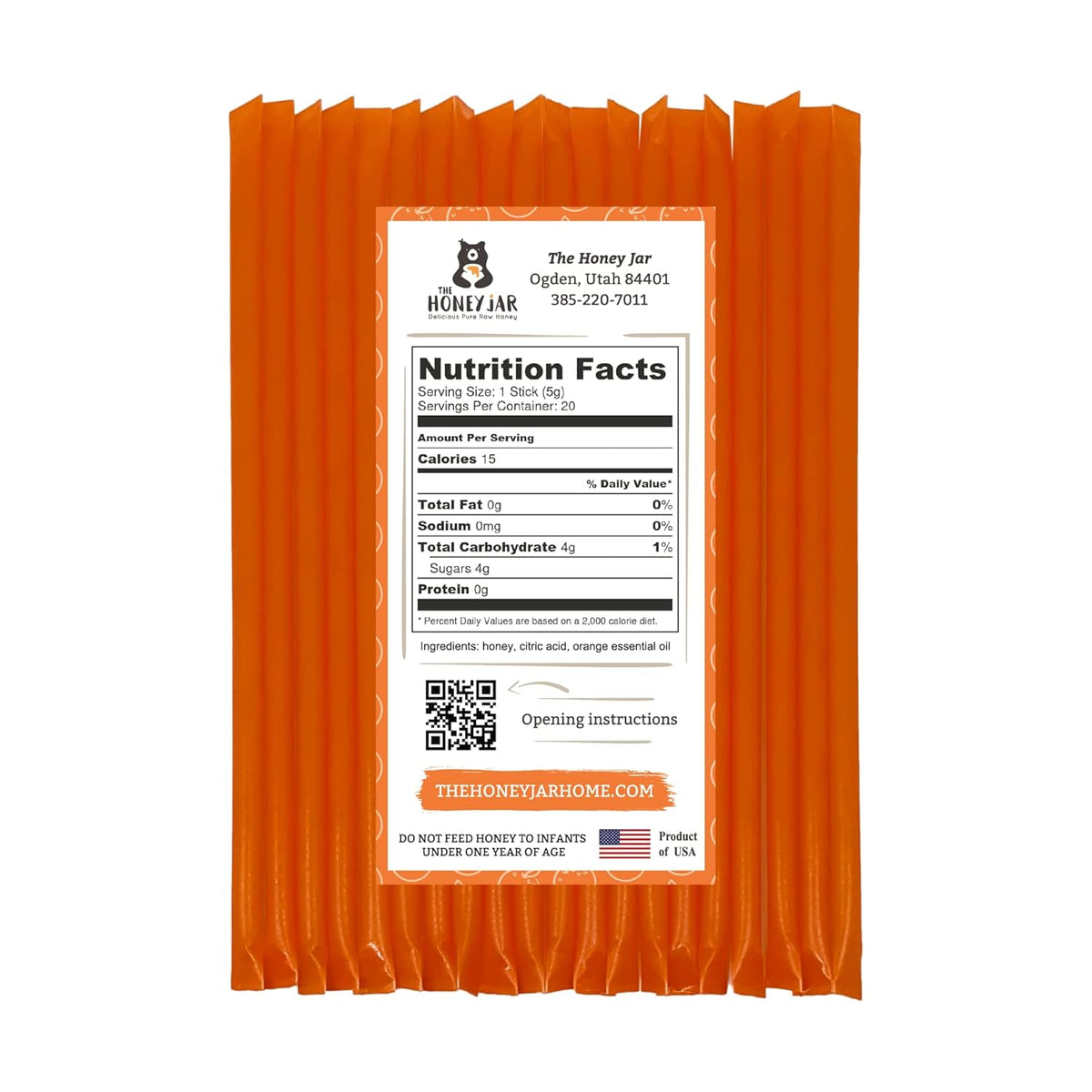 The Honey Jar Orange Flavored Honey Sticks - Pure Honey Straws For Tea, Coffee, or a Healthy Treat