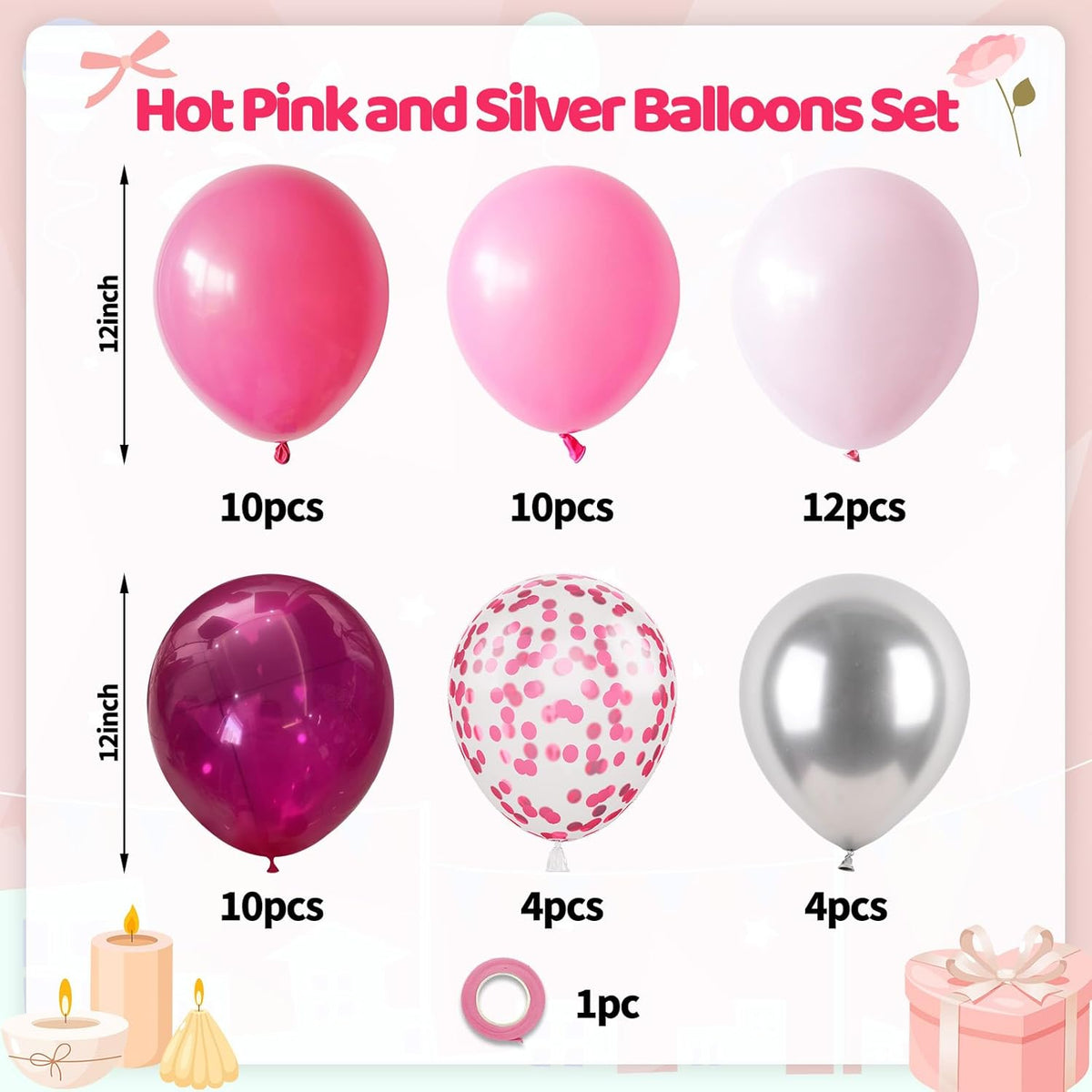 Paready Pink Balloons Set, 50PCS Hot Pink Latex Balloons, 12 Inch Confetti Balloon Metallic Silver