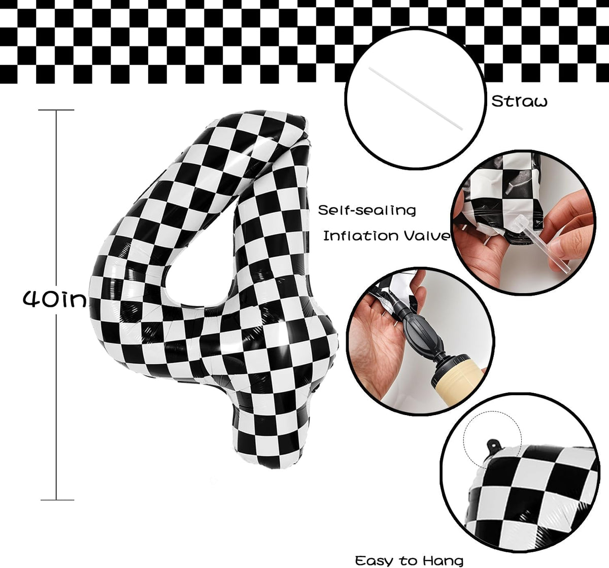 40 Inch Checkered Number Balloon - Race Flag Pattern Big Helium Balloon for Birthday Party