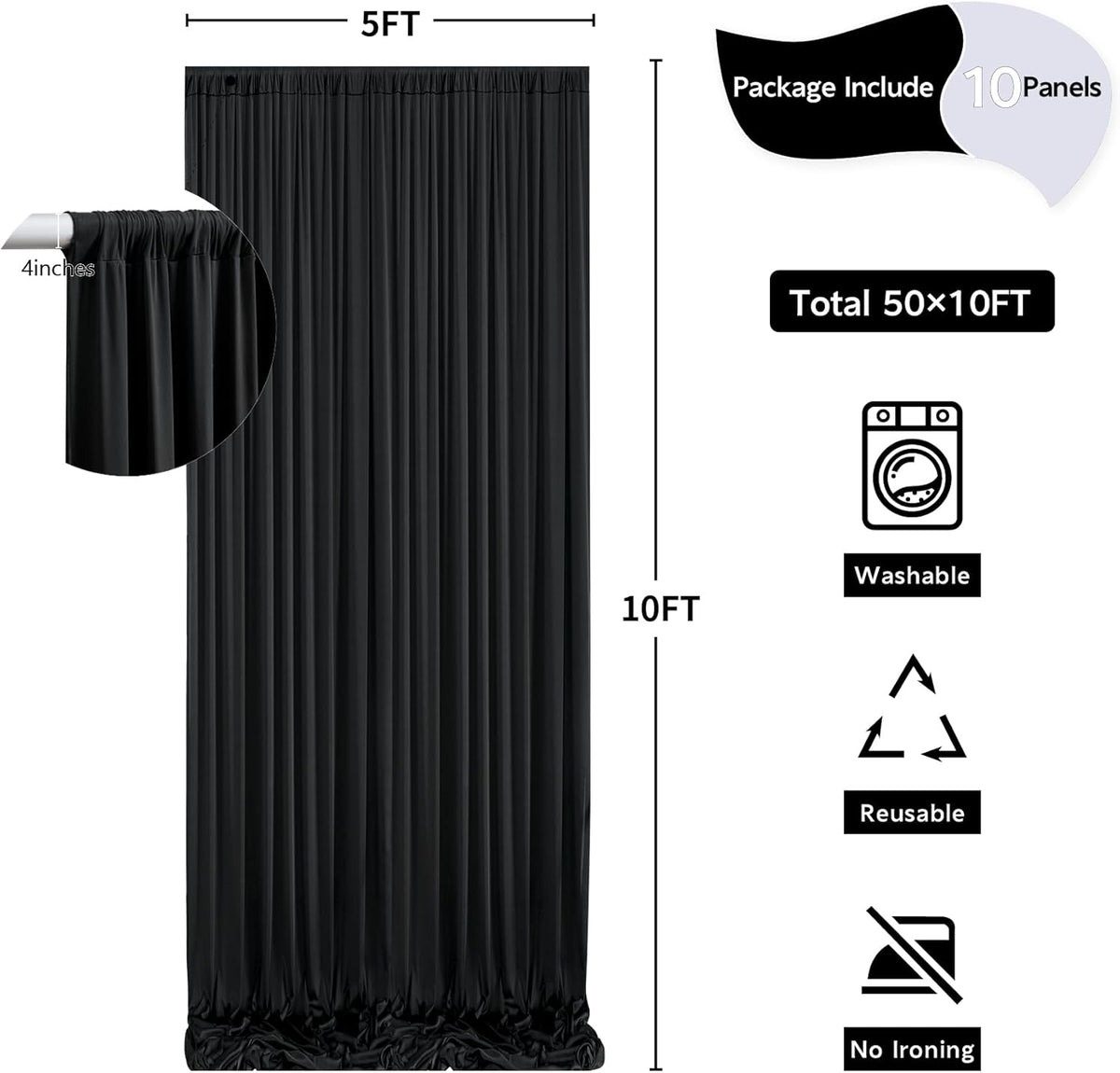 50 ft x 10 ft Wrinkle Free Black Backdrop Curtain for Parties, 10 Panels Polyester Black Photo