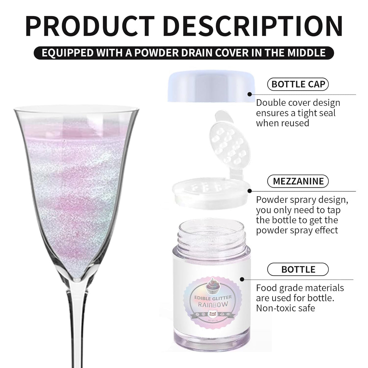 Edible Luster Dust 8 Colors Set - Edible Glitter for Cocktails, Rainbow Food Grade Powder Glitter