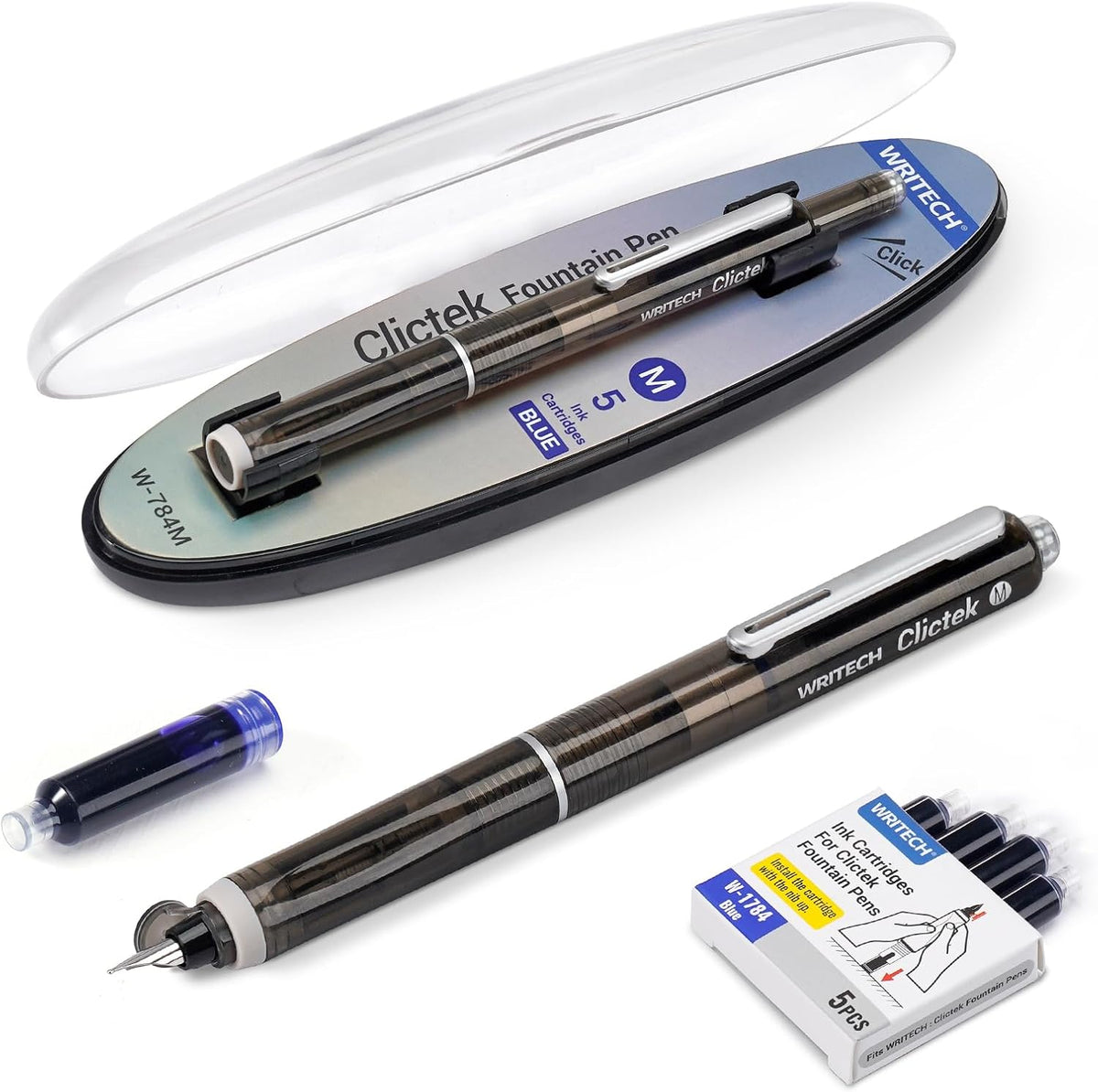 WRITECH Clictek Fountain Pen Retractable: Medium Nib Blue Ink Transparent Barrel Includes 5