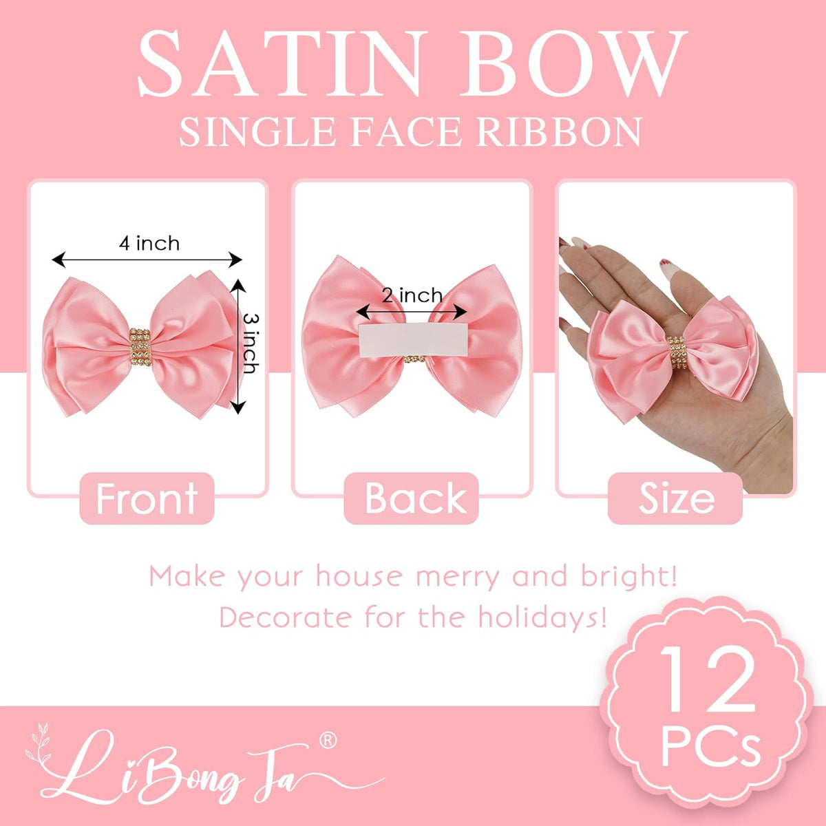 Pink Ribbon Bow 4'' Premade Pink Satin Bow, Gift Bows with Rhinestone, Wrapping Bows for Presents
