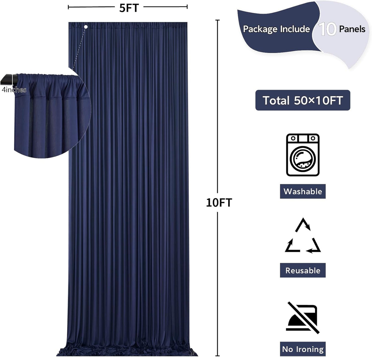 50 ft x 10 ft Wrinkle Free Navy Blue Backdrop Curtain for Parties,Polyester Photo Backdrop Drapes