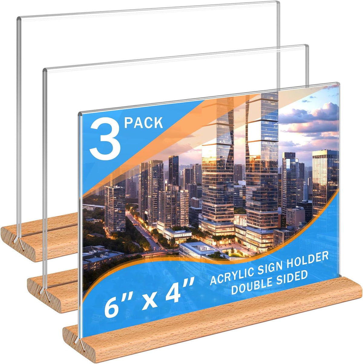 Kersally Acrylic Sign Holder 6 x 4, 3 Pack Double-Sided Clear Table Display Stands with Wood