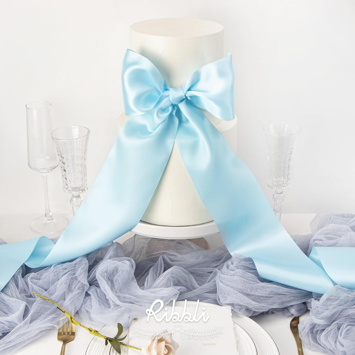Ribbli Light Blue Satin Ribbon 4 Inch Wide Baby Blue Ribbon for Wedding Chair Sash Grand Opening