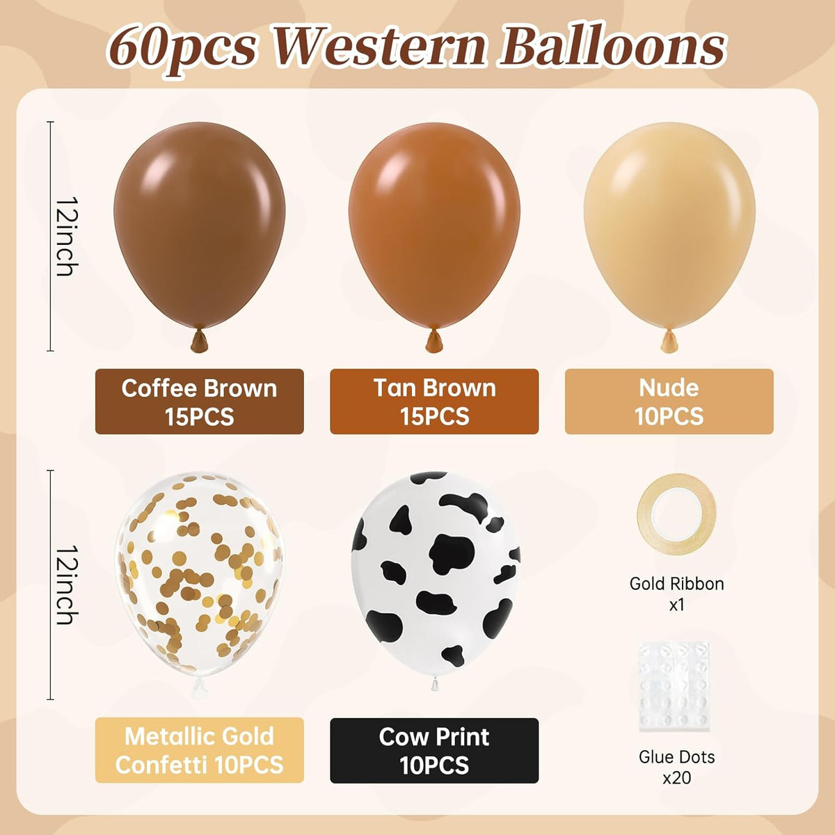Brown Western Balloons, Brown Nude Gold Confetti Cow Print Latex Cowboy Balloons for Farm Cowboy