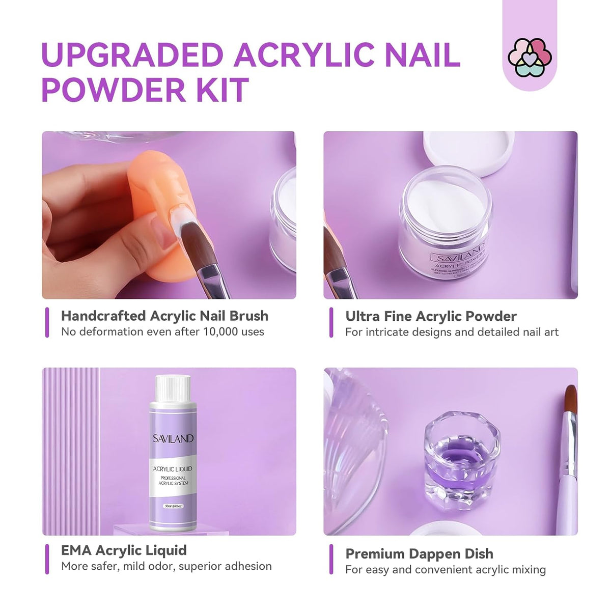 SAVILAND Essentials Acrylic Nail Kit for Beginners: White Pink Clear Acrylic Powder and Liquid Set