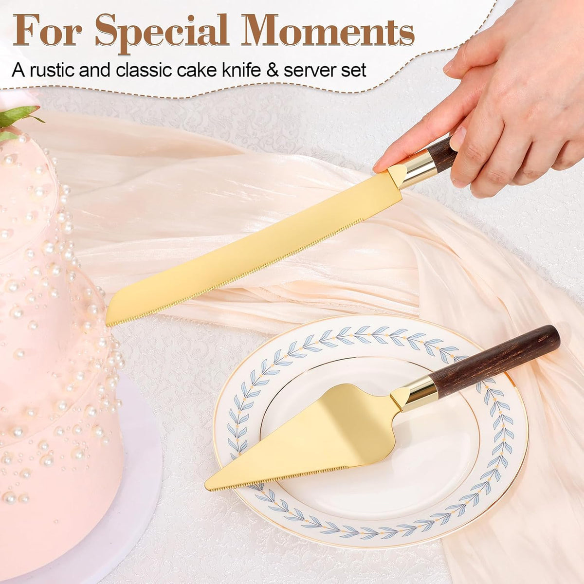 Gold Cake Cutting Set for Wedding, Wood Cake Knife and Server Set, Vintage 2-Piece Pie Cutter Set