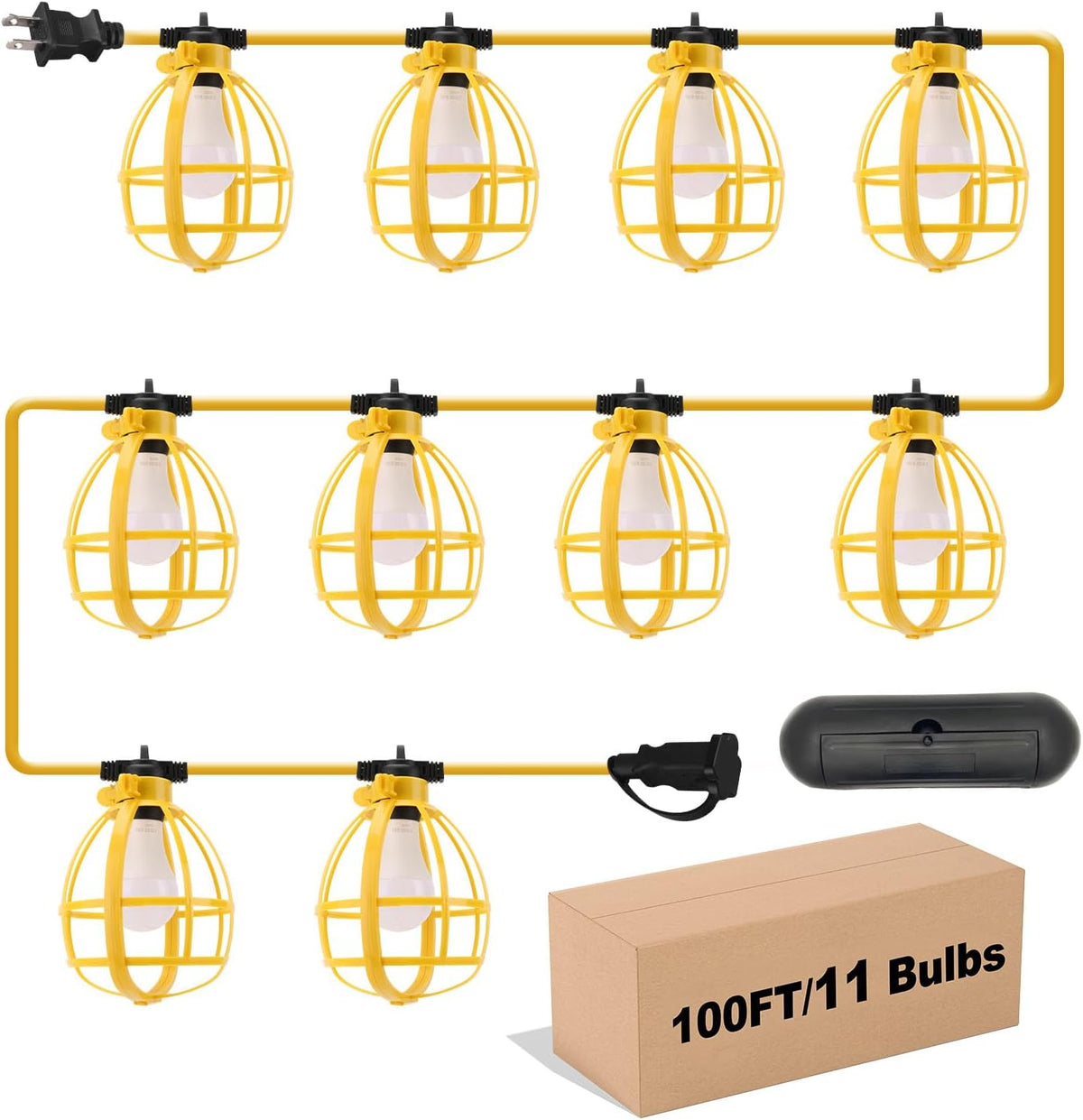 100FT Construction String Lights with Outdoor Extension Cord Safety Cover, 100W 11 Bulbs Work