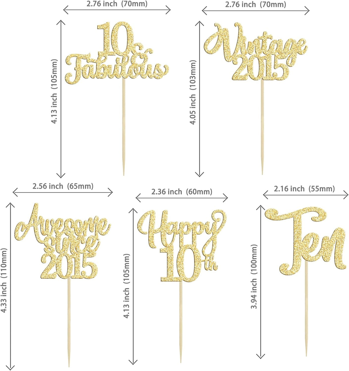 30Pcs Vintage 2015 Cupcake Toppers Glitter Happy 10th Birthday 10 Fabulous Cupcake Picks Cheers to
