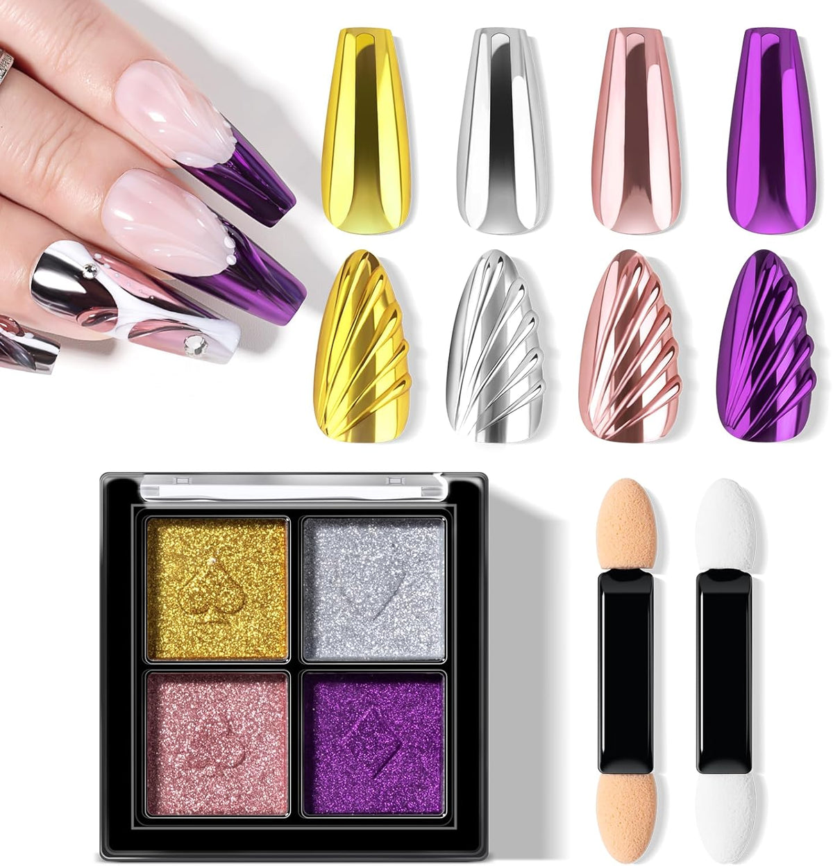 NXJ INFILILA Gold Silver Chrome Nail Powder, Metallic Mirror Pigment Glitter Effect 4 Colors