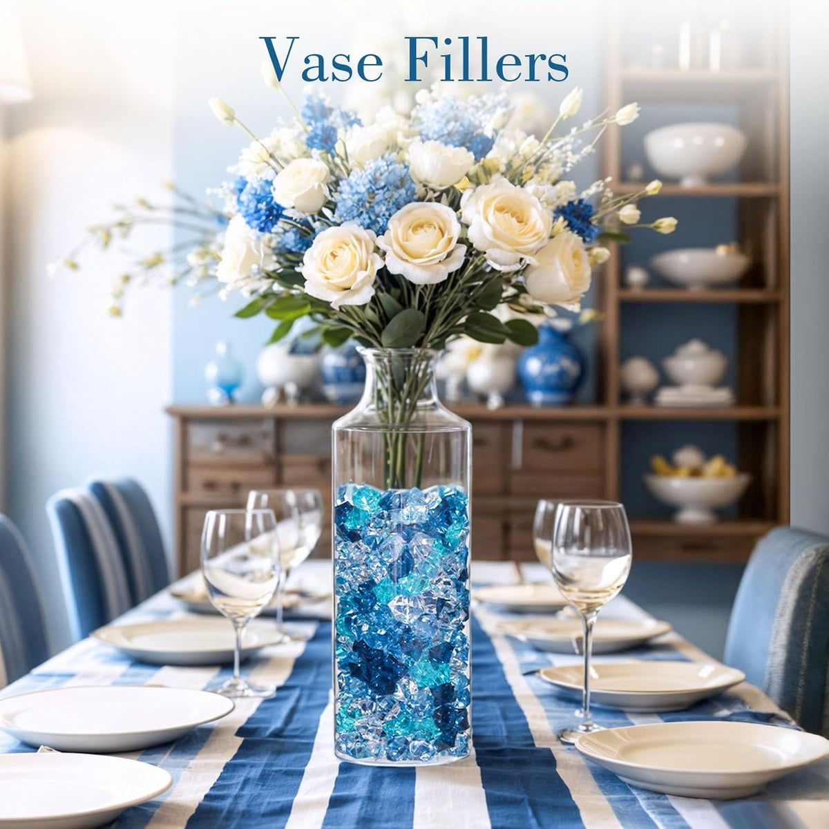 DomeStar 150PCS Fake Ice, Acrylic Blue Gems, Vase Fillers Fish Tank Rocks Aquarium Tank Decor Table