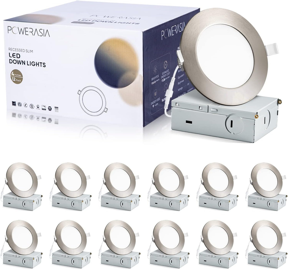 12 Pack Recessed Lighting 4 Inch with Junction Box, 5CCT 4 Inch Brushed Nickel LED Recessed Lights