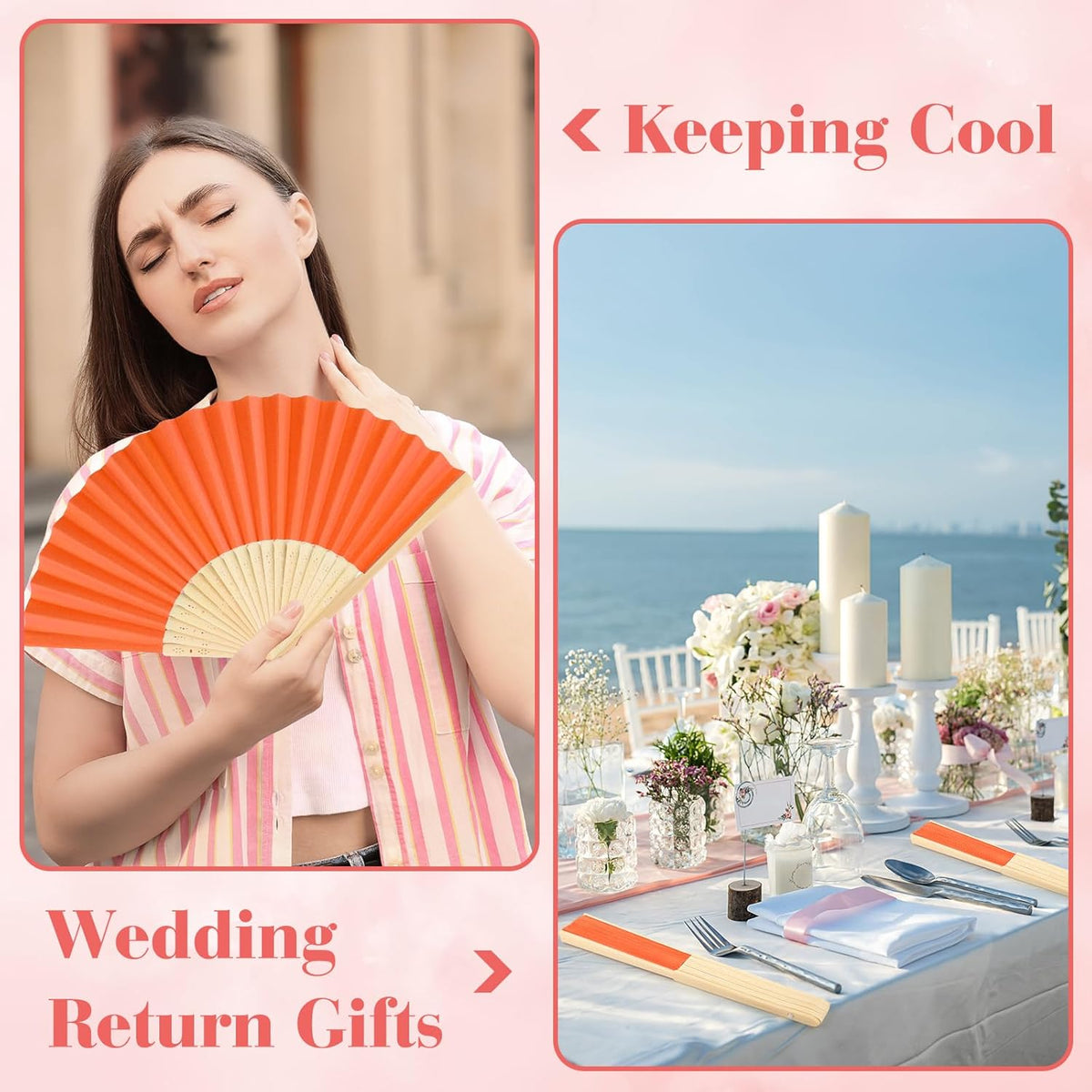 12 Pieces Orange Hand Held Bamboo Folding Fans Paper Fans Handheld for Women Foldable Girls Wedding