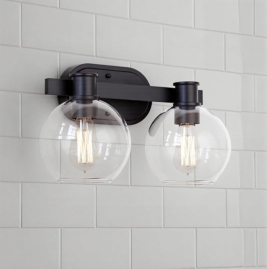 Dan Modern Farmhouse 2-Light Vanity Light Wall Sconce Lighting with Clear Glass Globe Shade in