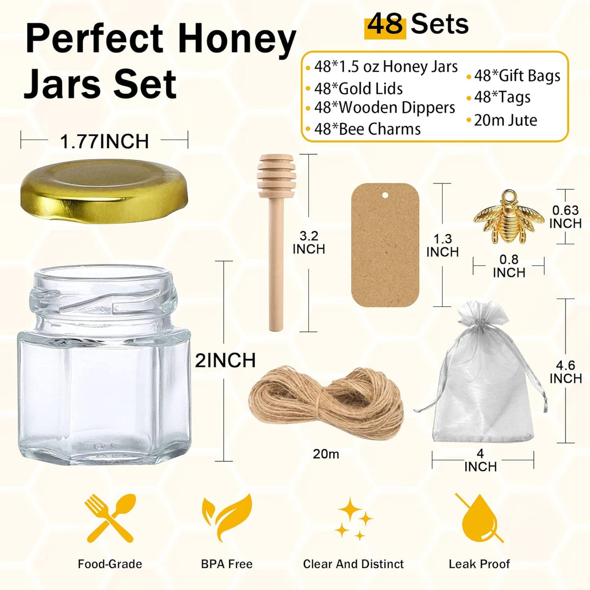 Aliggbent 48 Pack Mini Honey Jars Party Favors in Bulk, 1.5 oz Small Hexagon Glass Honey Jars with
