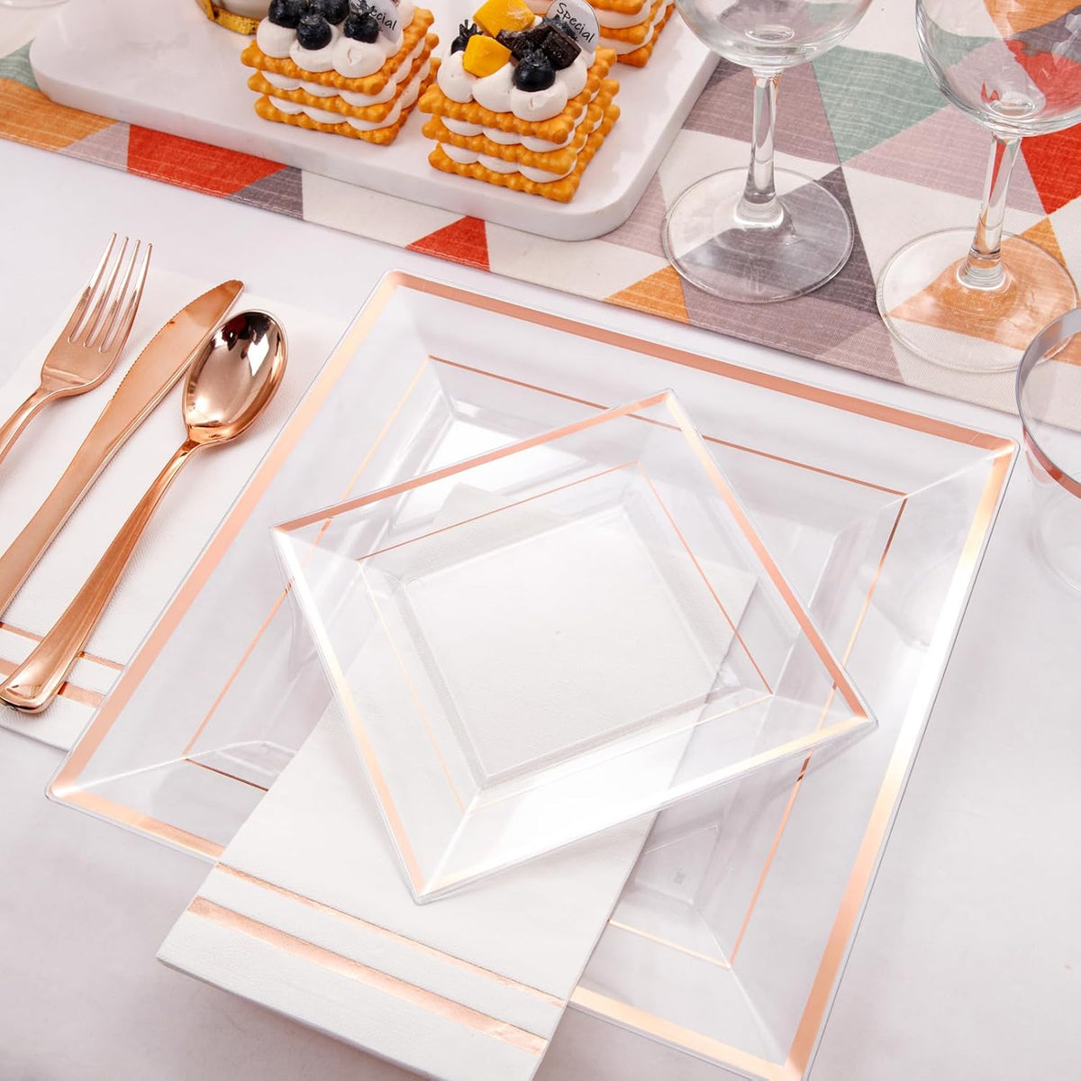 Festiva 350Pcs Rose Gold Plastic Plates - Clear Rose Gold Disposable Dinnerware Sets for 50Guests