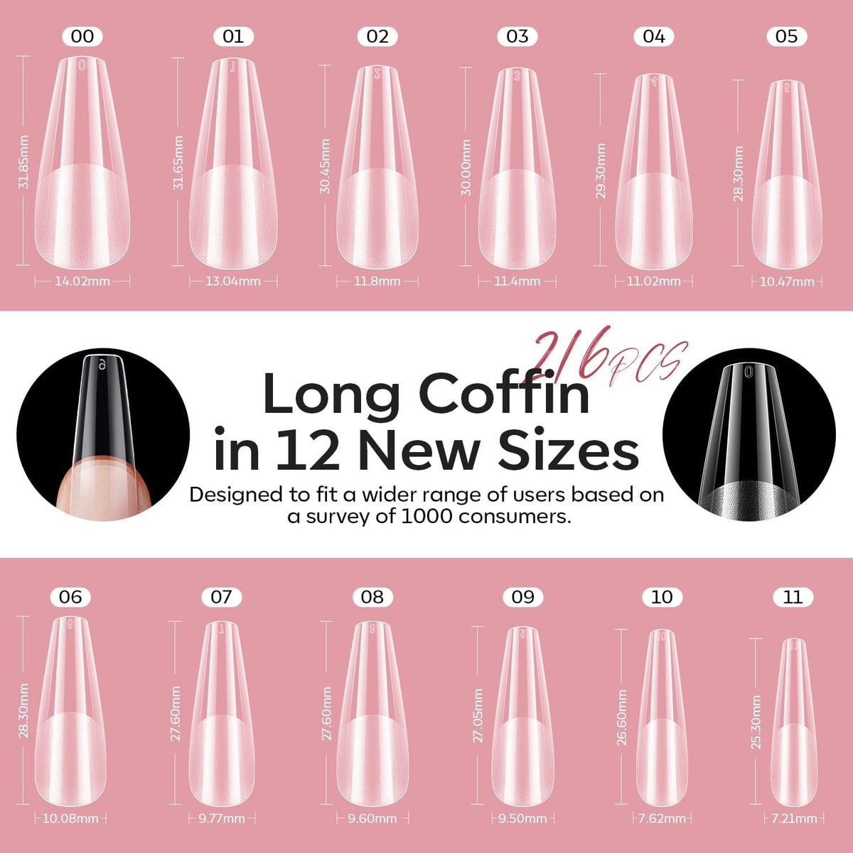 modelones Long Coffin Gel Nail Tips Kit, 9-in-One Nail Glue with Portable U V Lamp 216Pcs 12Sizes