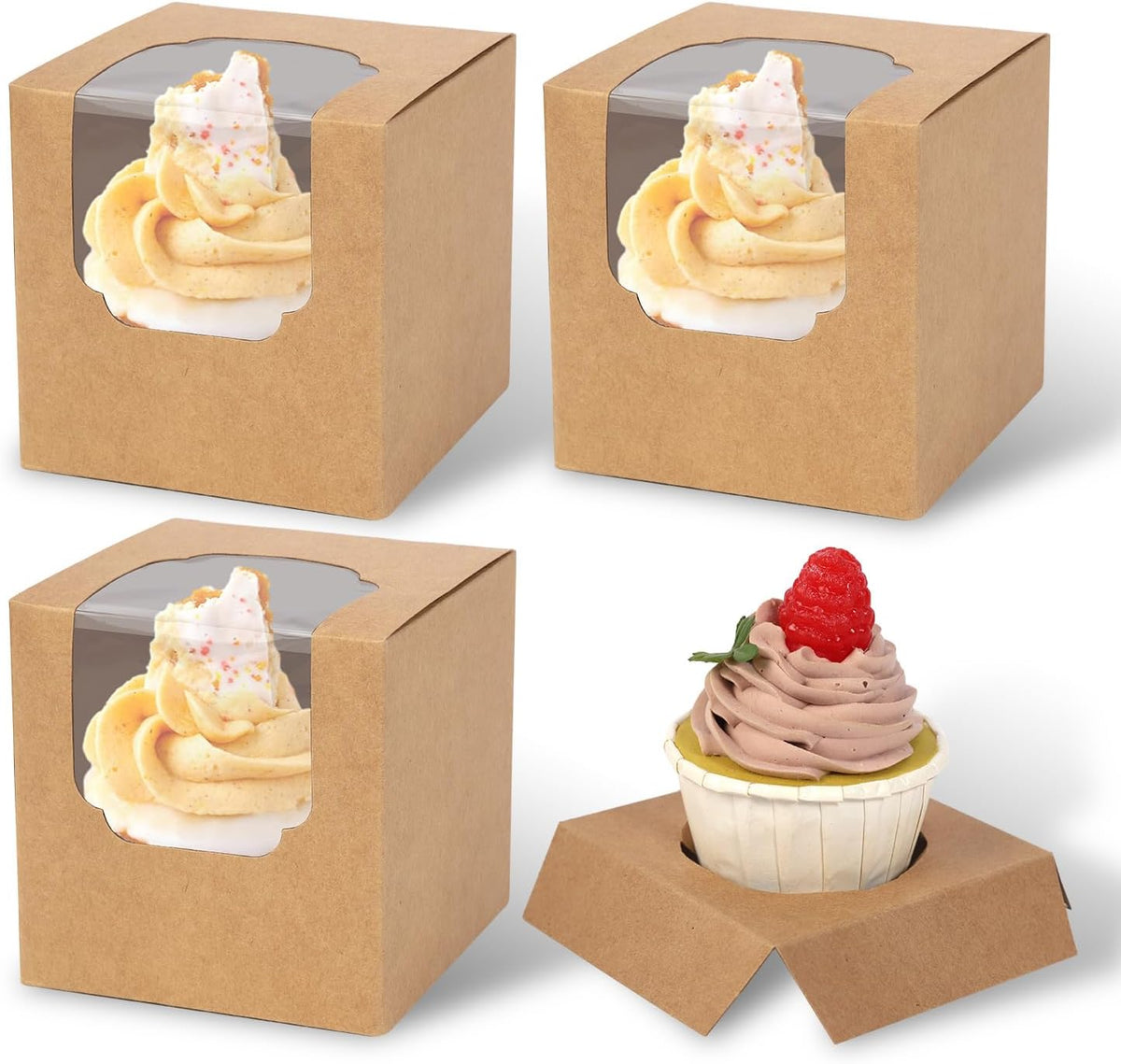 JCD 120pcs Cupcake Boxes, 3.5inches Individual Pre-Assembled Kraft Brown Cupcake Boxes with Window