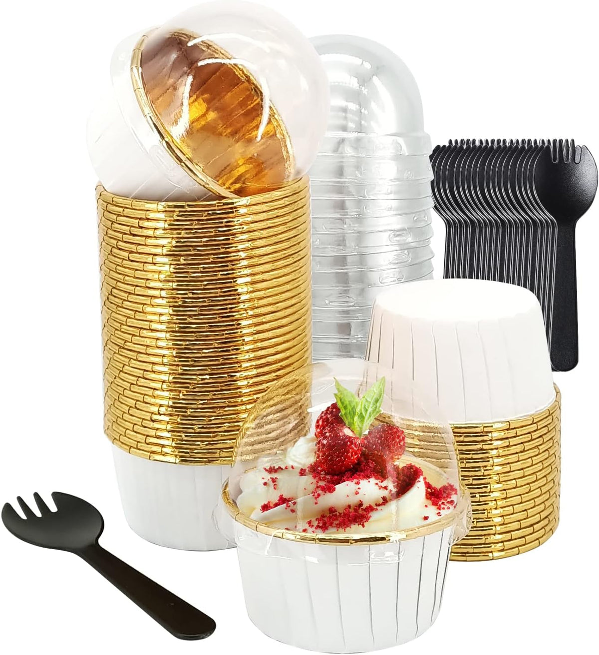 50 Pack Jumbo Cupcake Cups with Lids,LNYZQUS 5oz Foil Cupcake Muffin Liners,Disposable Ramekins