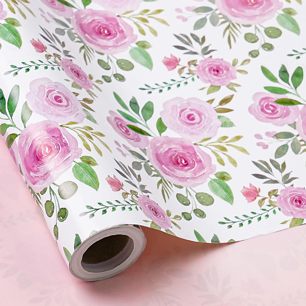 RUSPEPA Reversible Floral Wrapping Paper Roll, Mini Roll, Pink Rose Blossom Design and Pink Solid