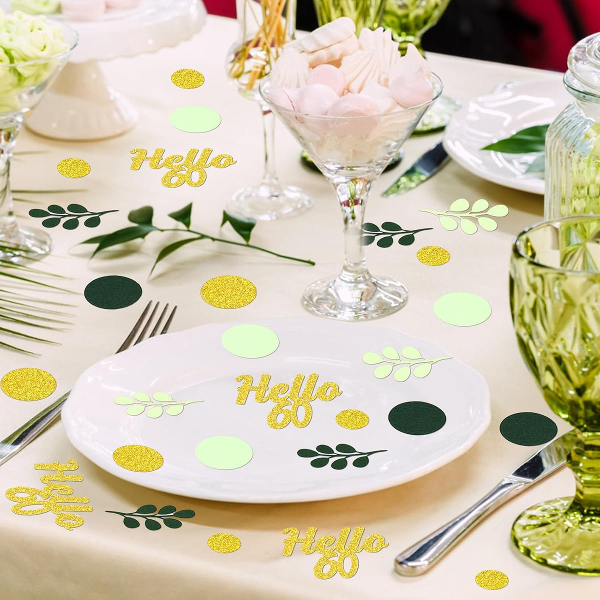 300PC Gold Glitter and Sage Green Happy 60th Birthday Decorations for Men/Woman Greenery 60th