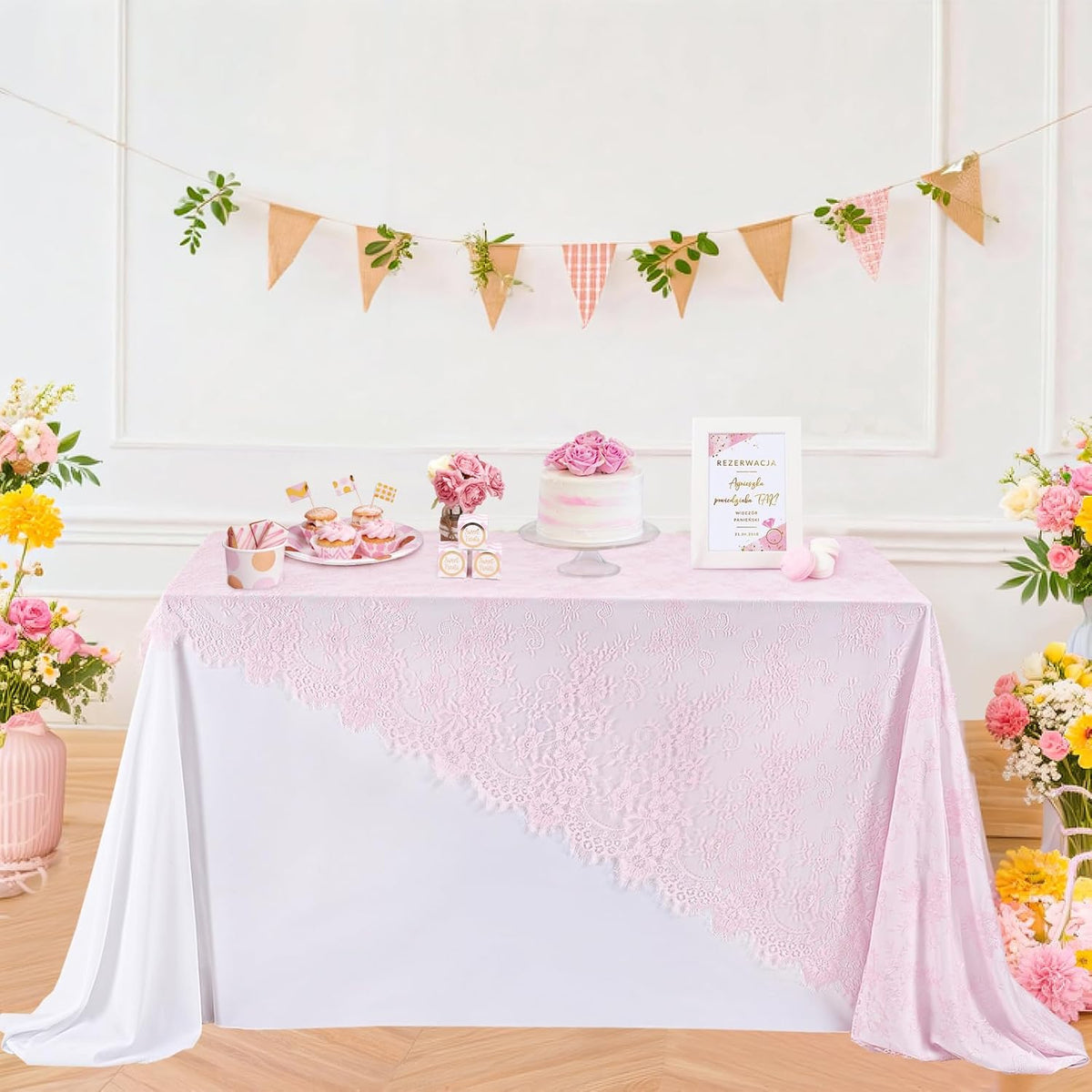 LuoluoHouse Pink Lace Table Cloth 60x120inch Tablecloth for Decorations Wedding Bridal Baby Shower