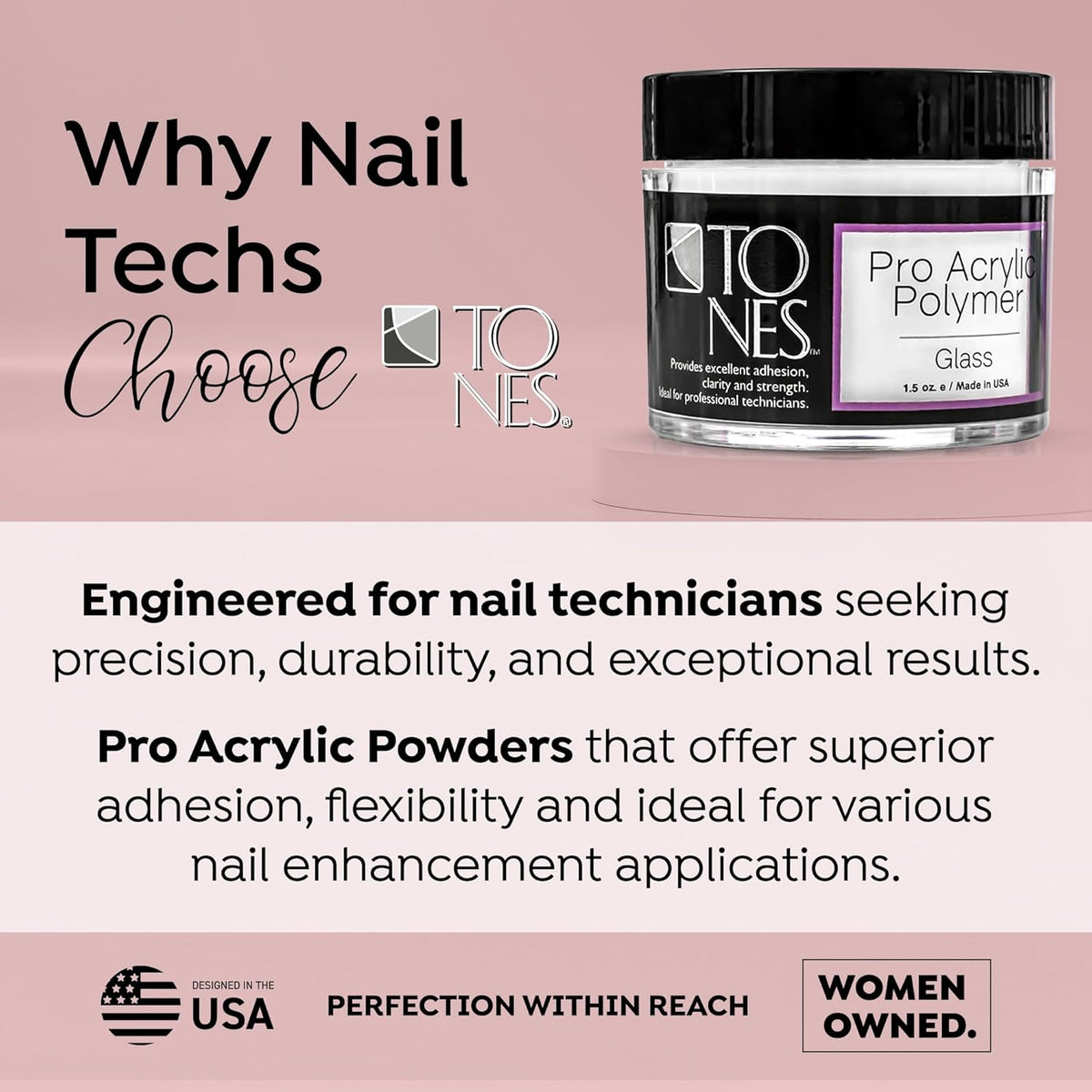 Tones Pro Acrylic Nail Powder, Glass (Clear), (1.5 Fl Oz) - Long-Lasting & Non-Yellowing Polymer