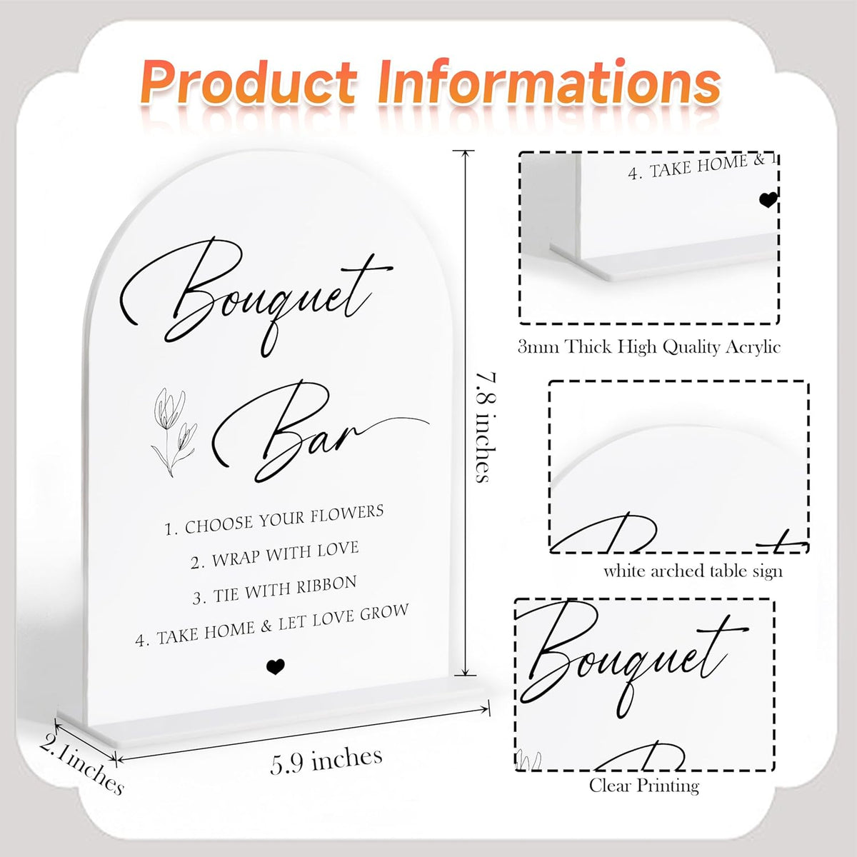 Bouquet bar Sign, White Arch Acrylic Wedding Sign, Flower Bar Supplies, Wedding Reception