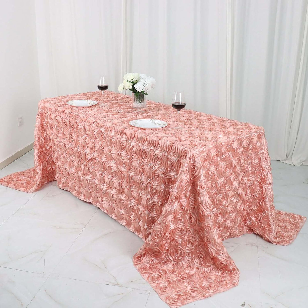 Efavormart 90"X132" Dusty Rose Grandiose 3D Rosette Satin Rectangle Tablecloth for Wedding Party