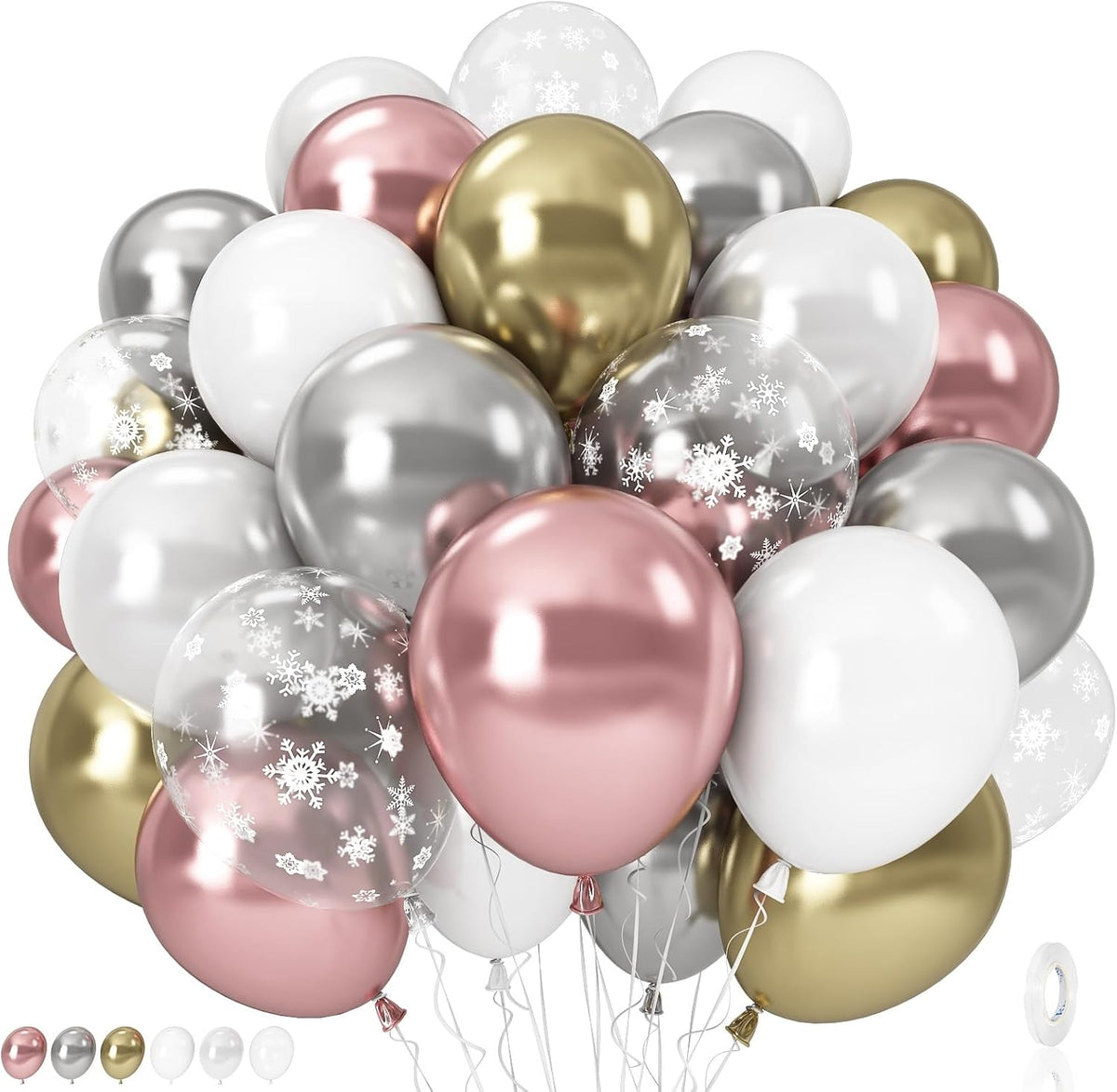 Pink White Winter Wonderland Snowflake Balloons Set, Metallic Light Pink Gold Silver White