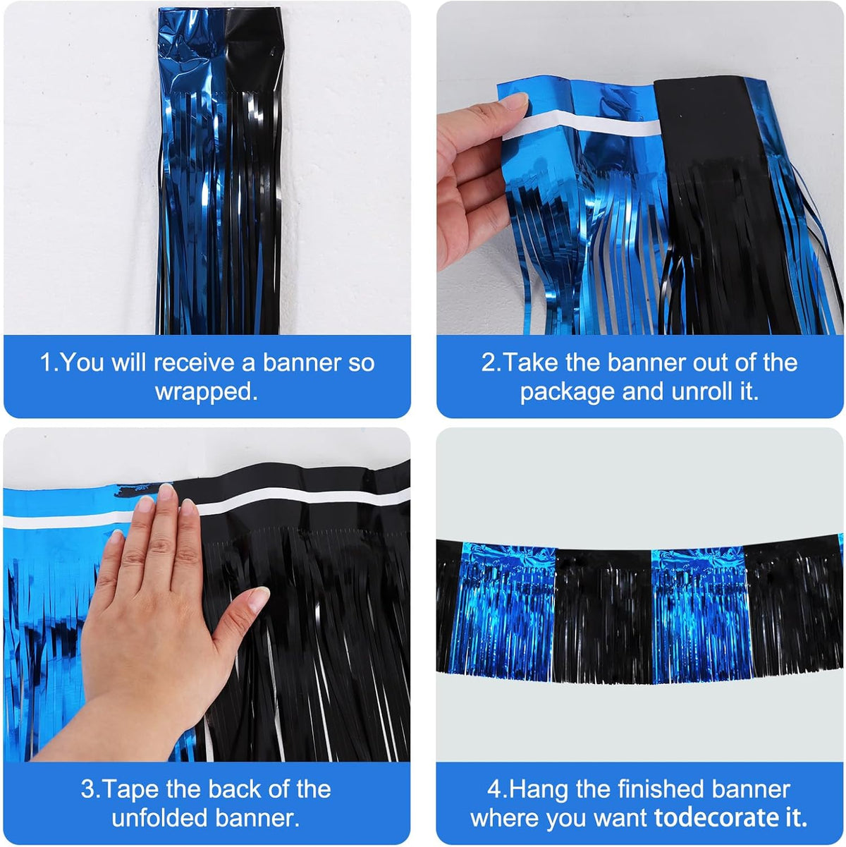 BEISHIDA 3 Packs Metallic Foil Fringe Garland Black Blue Wall Hanging Tinsel Fringe Banners for Car