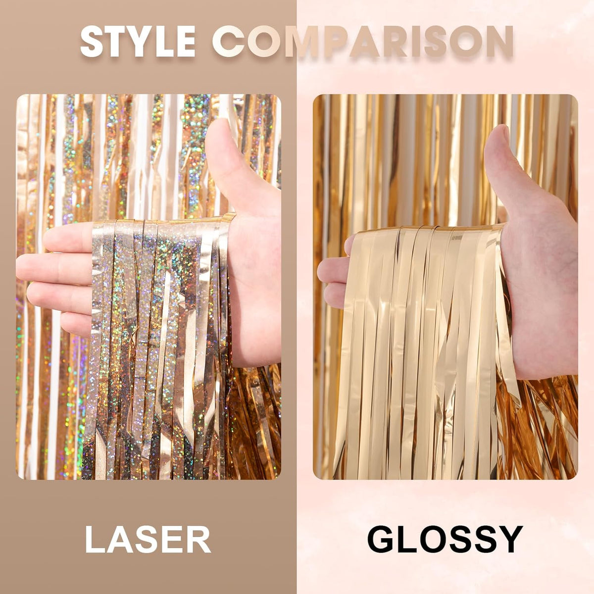 3 Pack 3.3 x 8.2 ft Laser Champagne Foil Fringe Backdrop Curtains, Tinsel Streamers Birthday Party