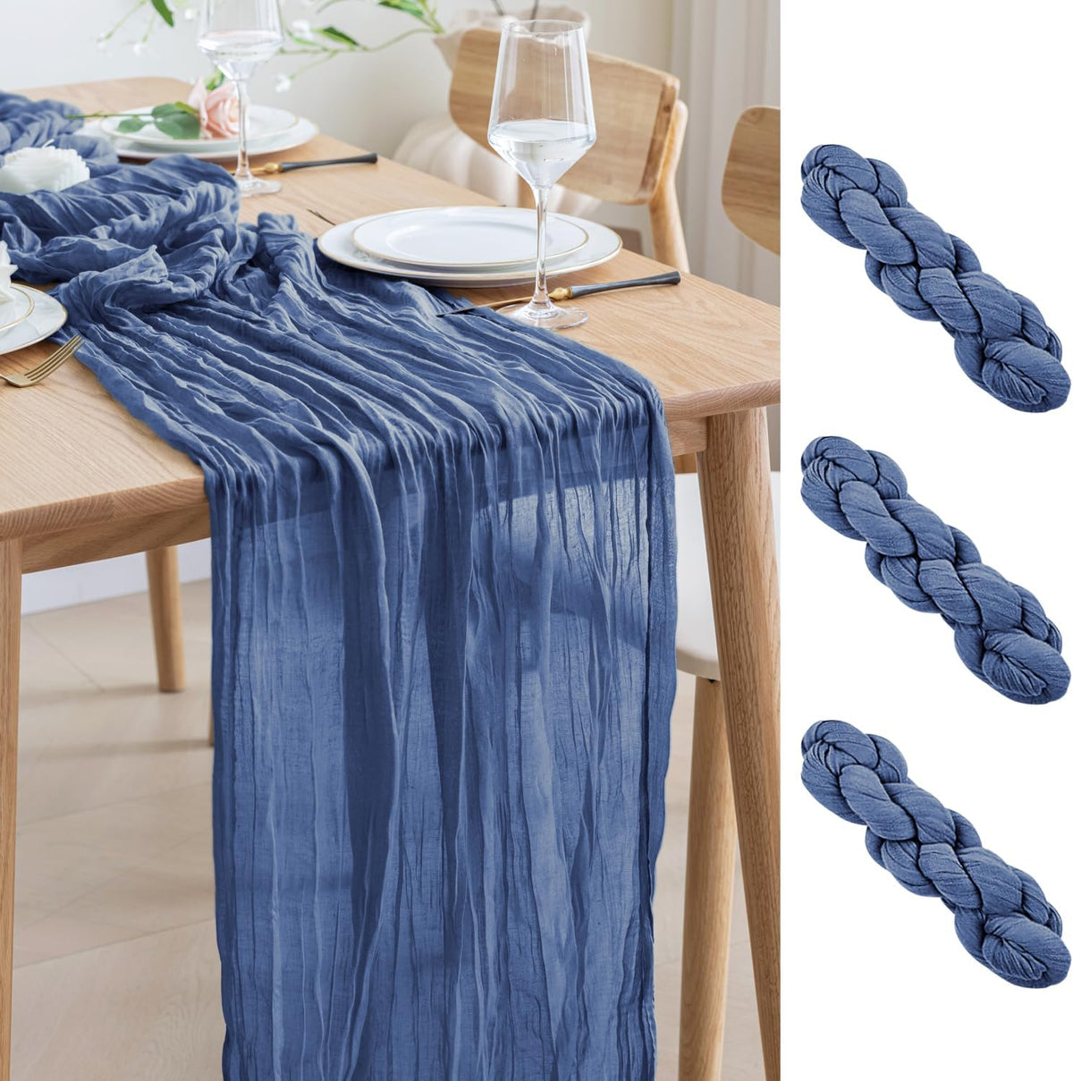 Asee'm 3pcs Cheesecloth Table Runner 120 Inches Long Blue Boho Gauze Cheese Cloth Runner 10FT