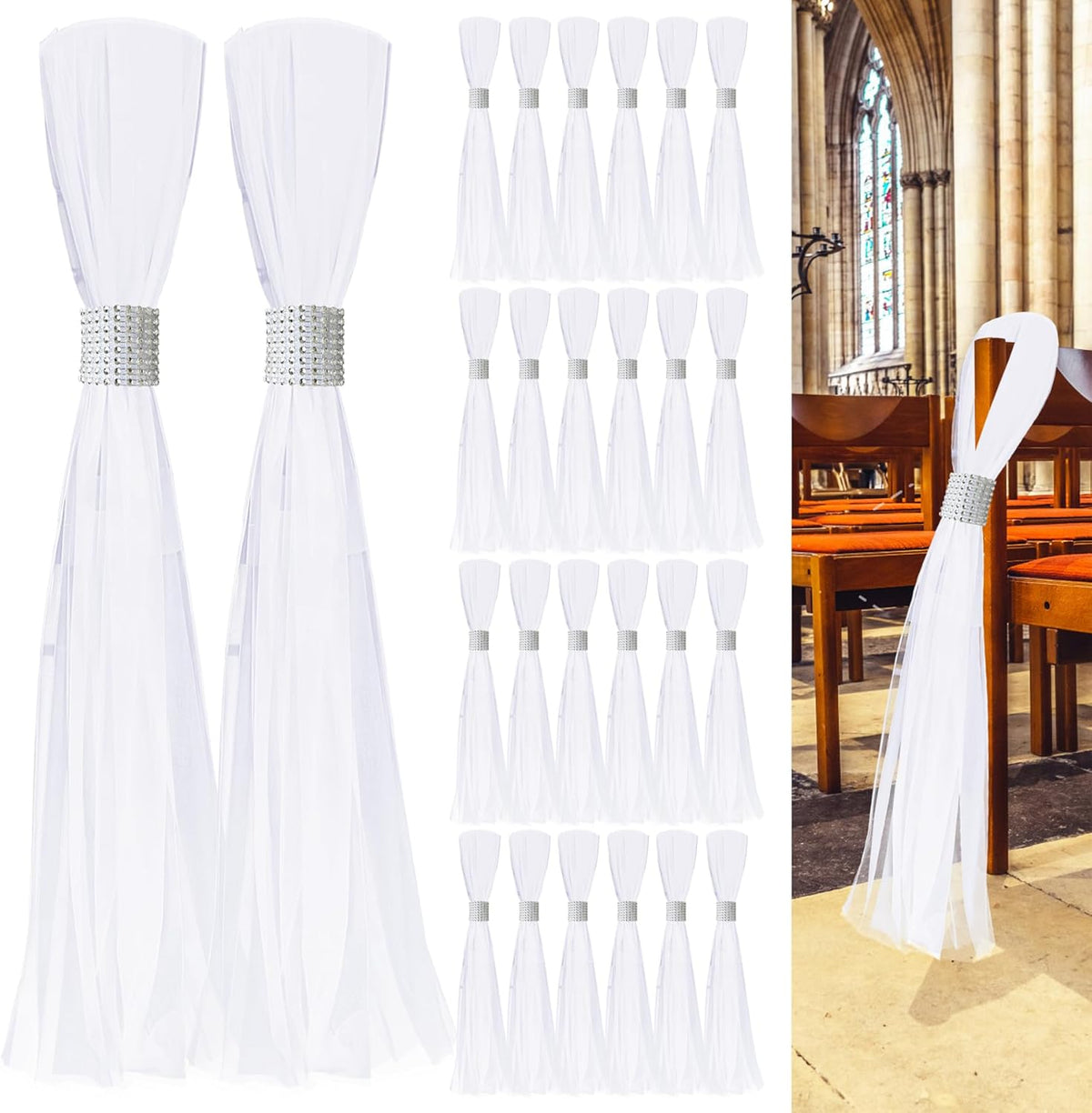 26 Sets Large White Pew Bows Tulle Wedding Aisle Chair Decorations, Extended Church Pew Decor Aisle