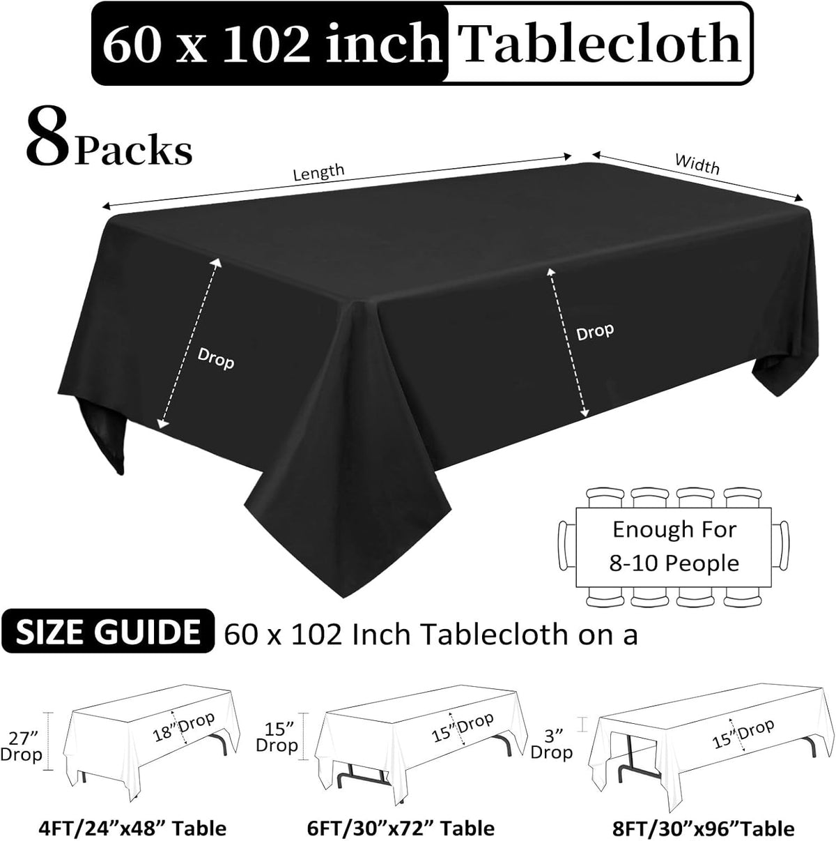 8 Pack Black Tablecloths 60 x 102 Inch Rectangular Table Cloths for Rectangle Tables 6ft, Wrinkle
