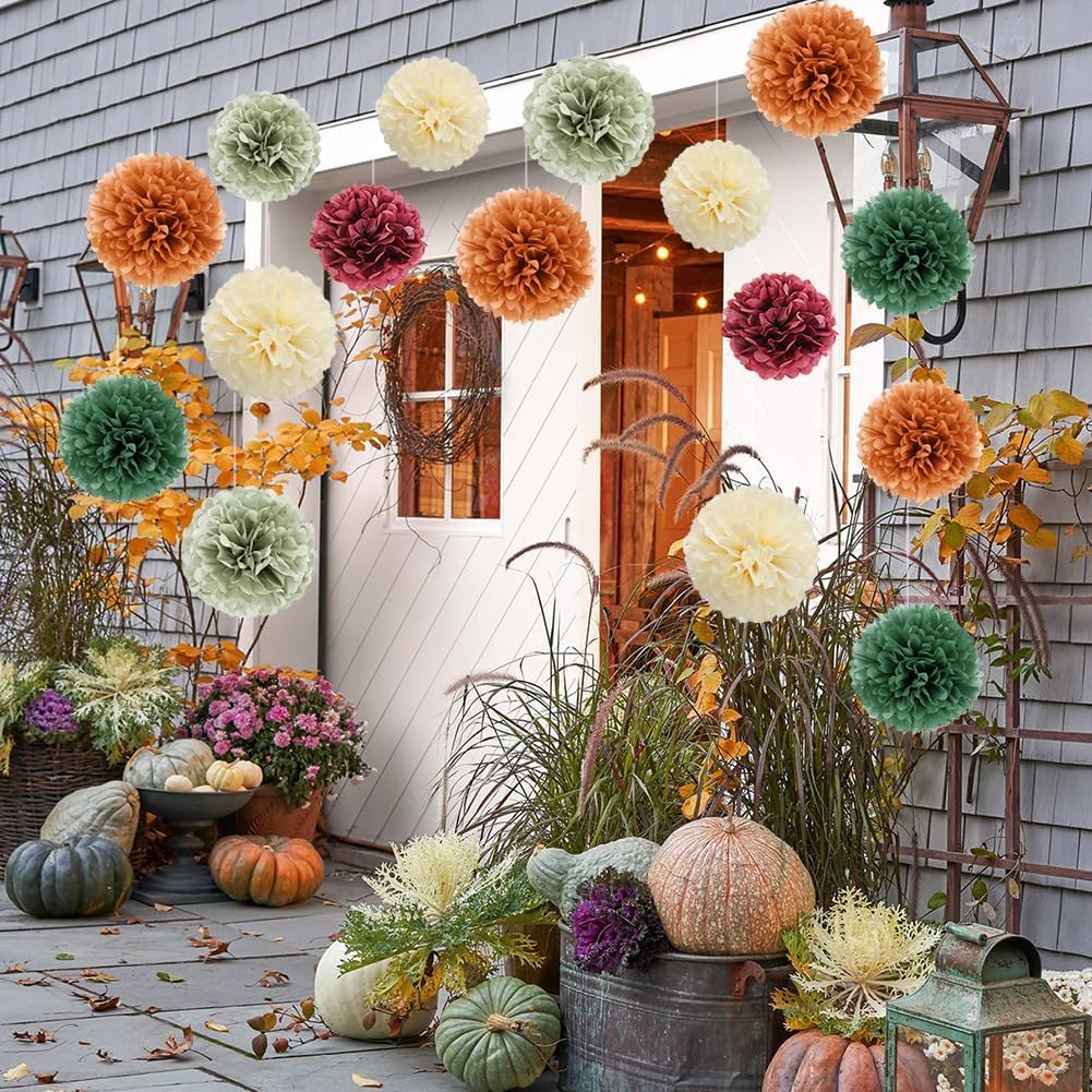 Fall Party Decorations 16pcs Orange Green Tissue Pom Pom Decorations Burgundy Sage Green Fall